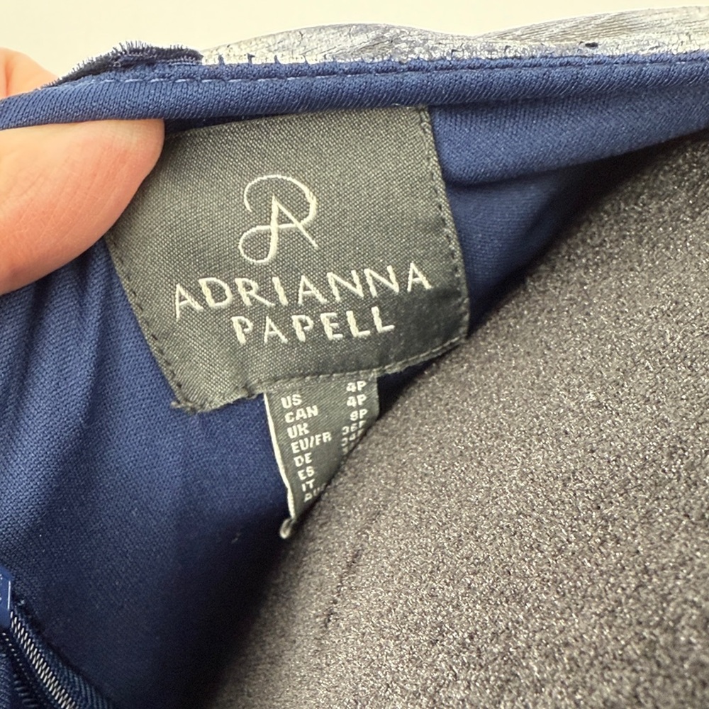 Adrianna Papell asymmetric foil velvet Floral Navy front slit  Dress size 4P - Picture 10 of 10